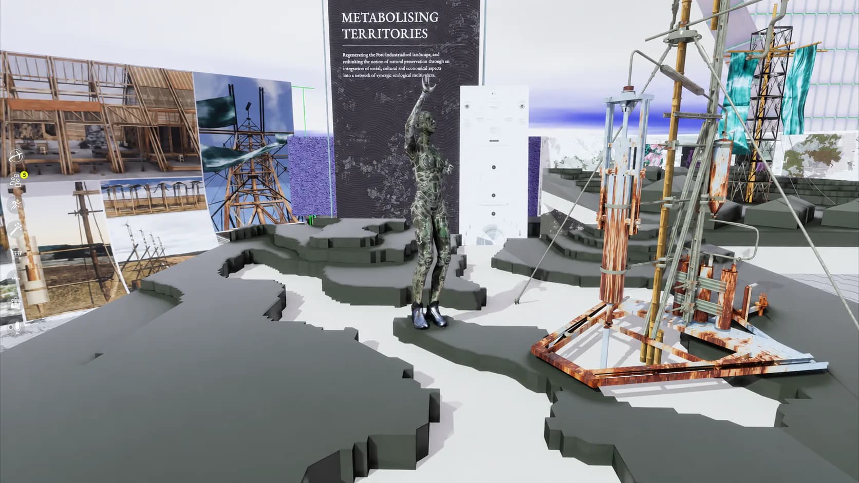 Architectural exhibit with presentation boards, a virtual visitor and a large three-dimensional structure