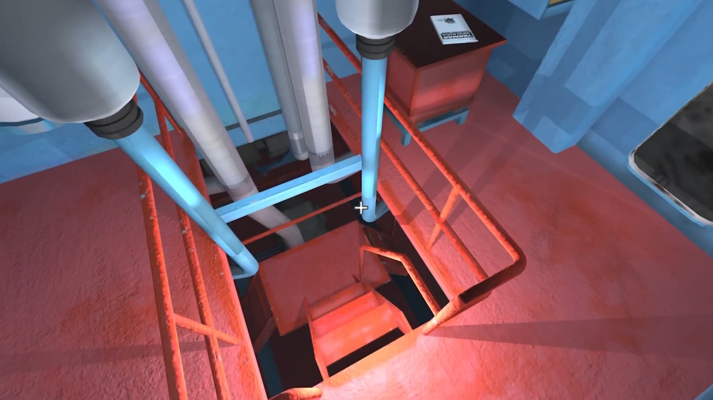Evidence equipment at the foot of a stairway in the virtual vessel investigation exercise.