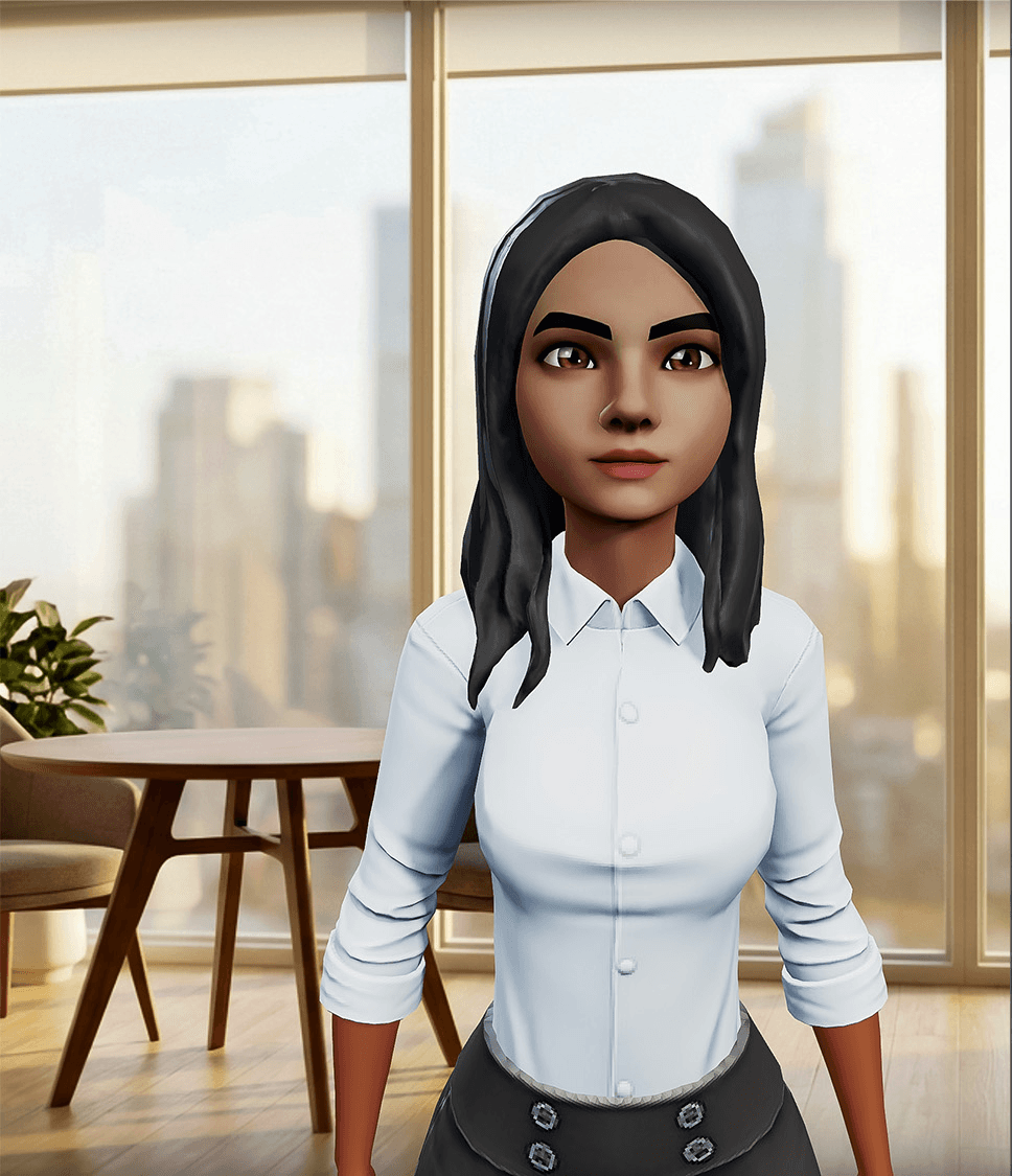 Nisa, a Synk virtual character, in an office setting.