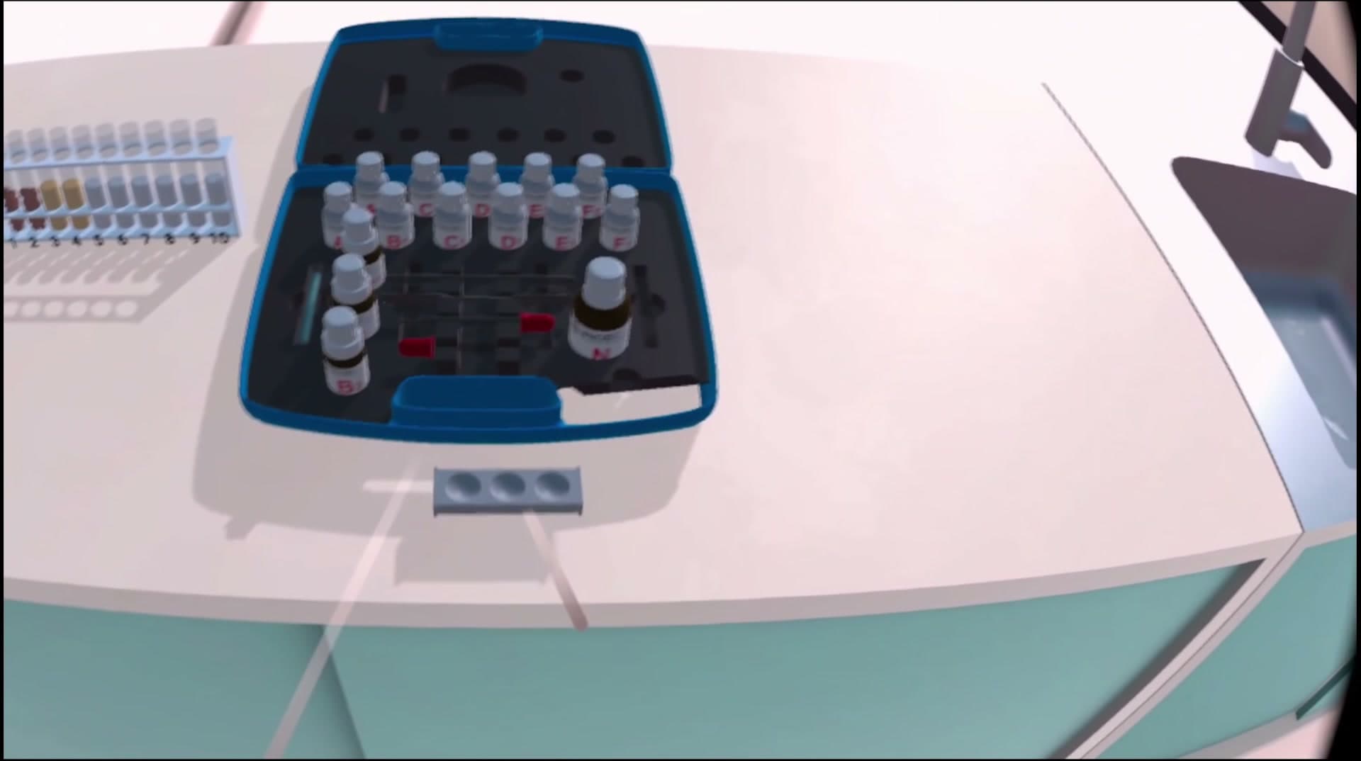 Reagent bottles and testing equipment in the UNODC virtual laboratory.