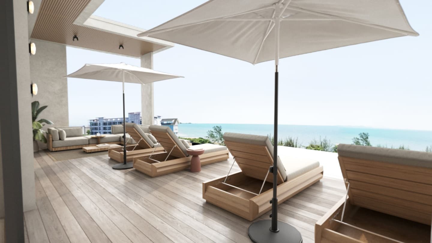 Visualization of a rooftop terrace with sun loungers, umbrellas and a sea view