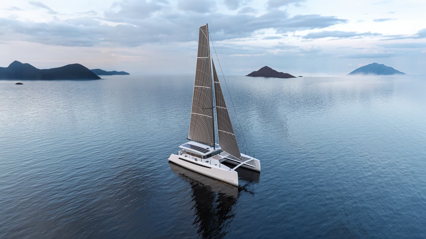 Visualization of a sailing catamaran on calm water with distant islands