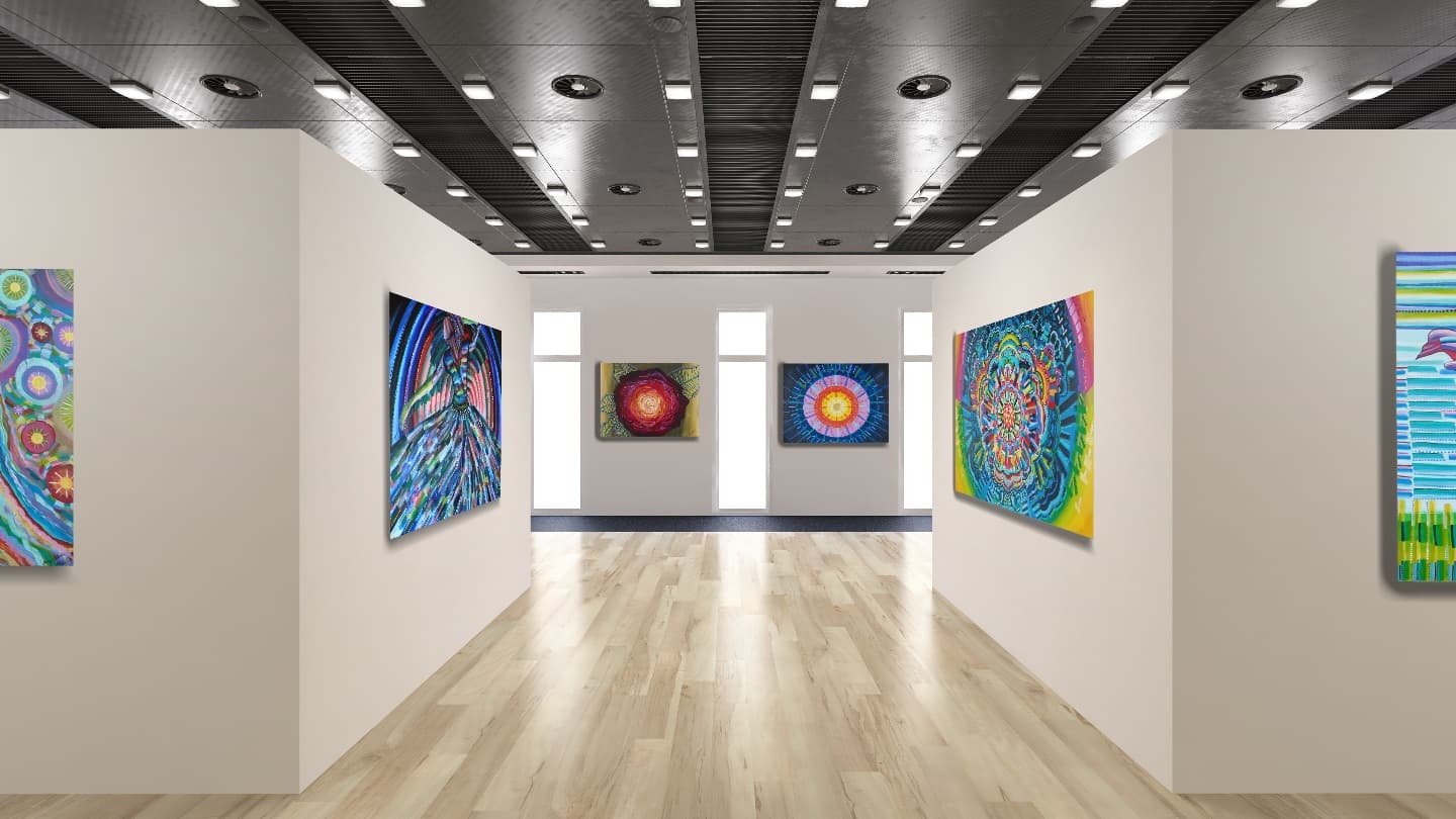 Virtual gallery displaying colorful circular artworks on white walls