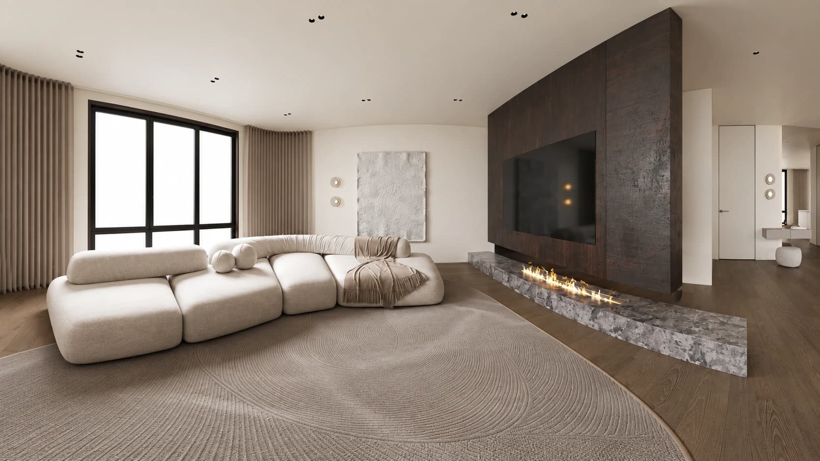 Cream curved sofa and dark fireplace wall in a contemporary living room visualization