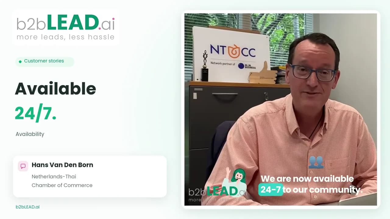 A b2bLEAD customer testimonial in the brand's mint and green video layout.