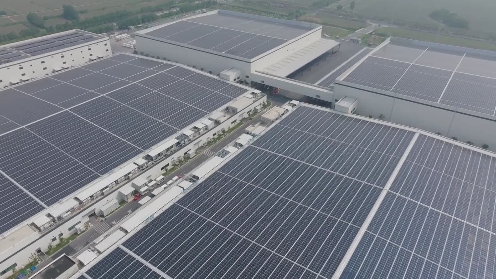 Solar panels across the roofs of the Tongwei Solar factory