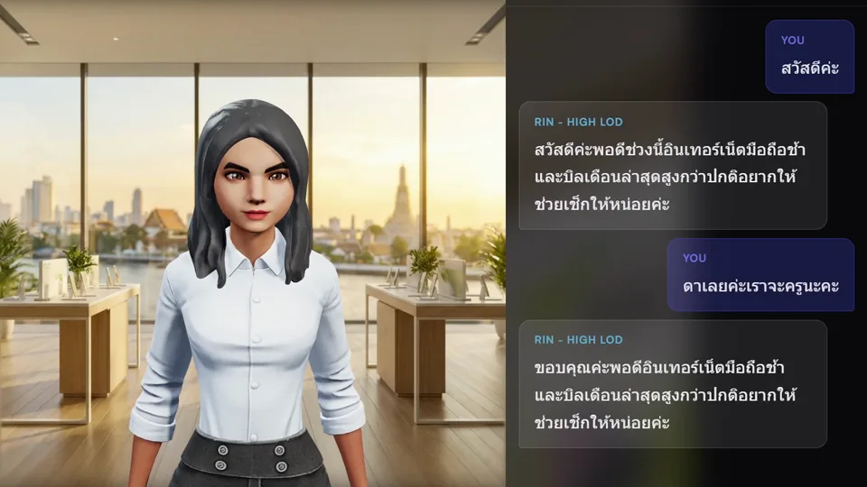 Synk’s browser role-play interface with the AI character Rin and a Thai conversation transcript