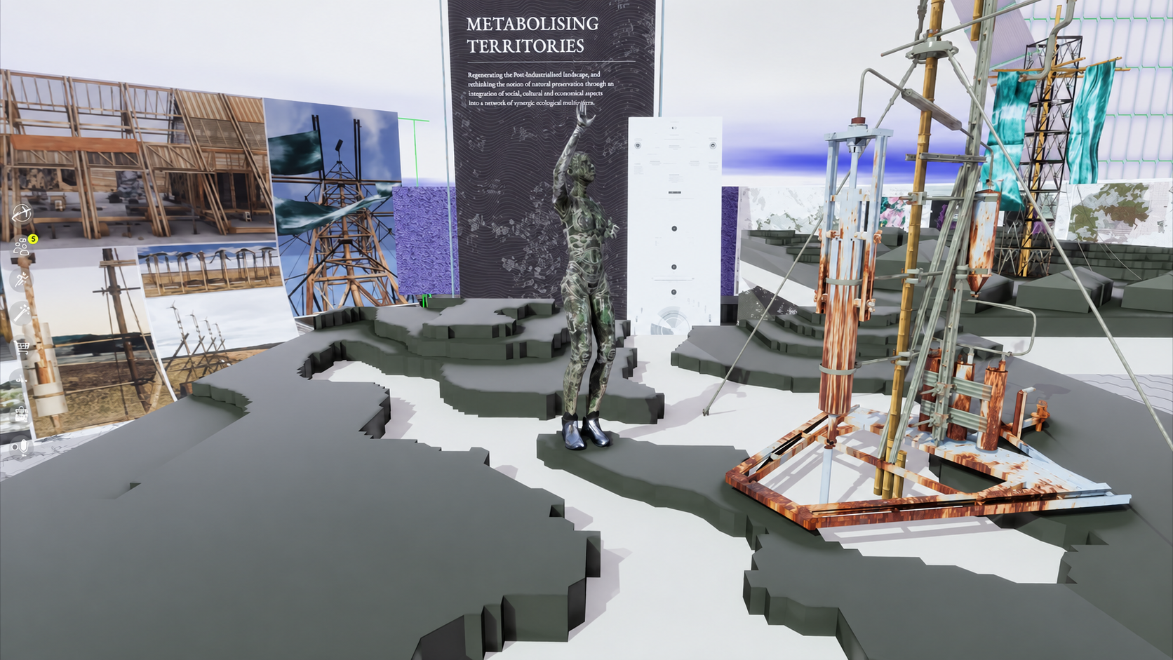 Architectural exhibit with presentation boards, a virtual visitor and a large three-dimensional structure
